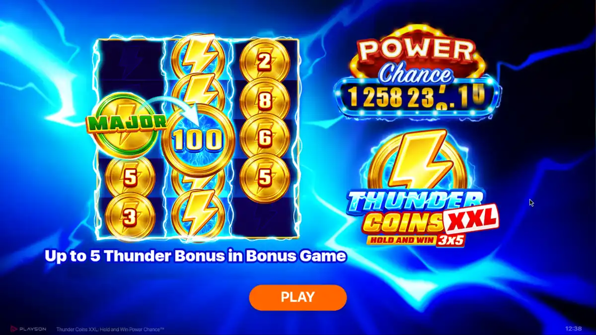 Ecrã introdutório de Thunder Coins XXL mostrando símbolos de moedas e o Thunder Bonus no jogo Hold and Win