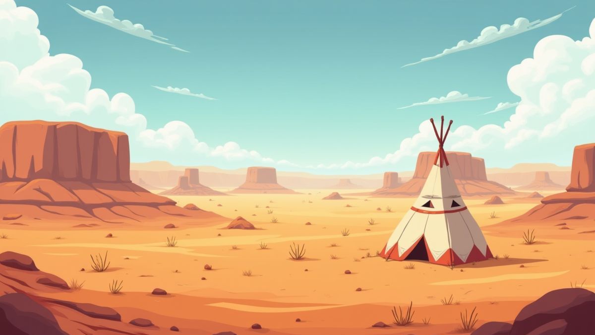 Animated desert landscape with tipis and native patterns.
