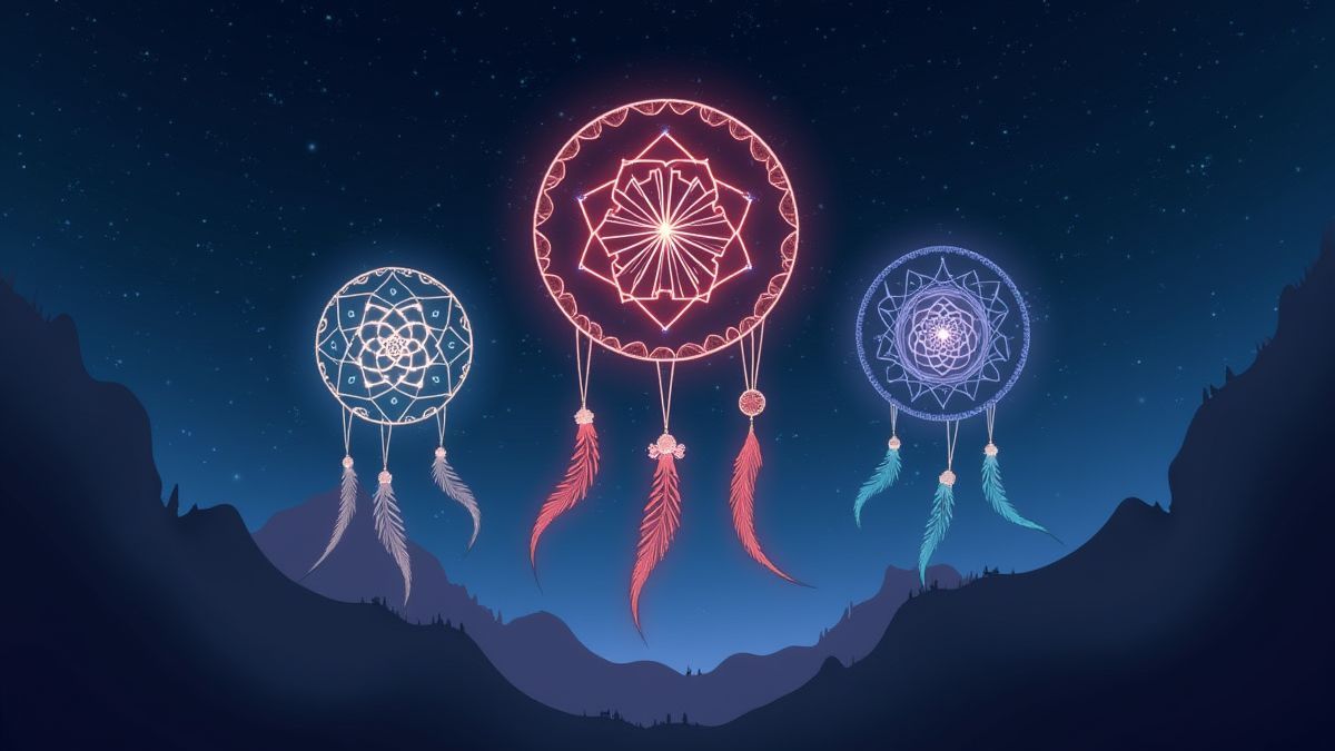 Dreamcatchers floating in the starry sky with glowing effects.