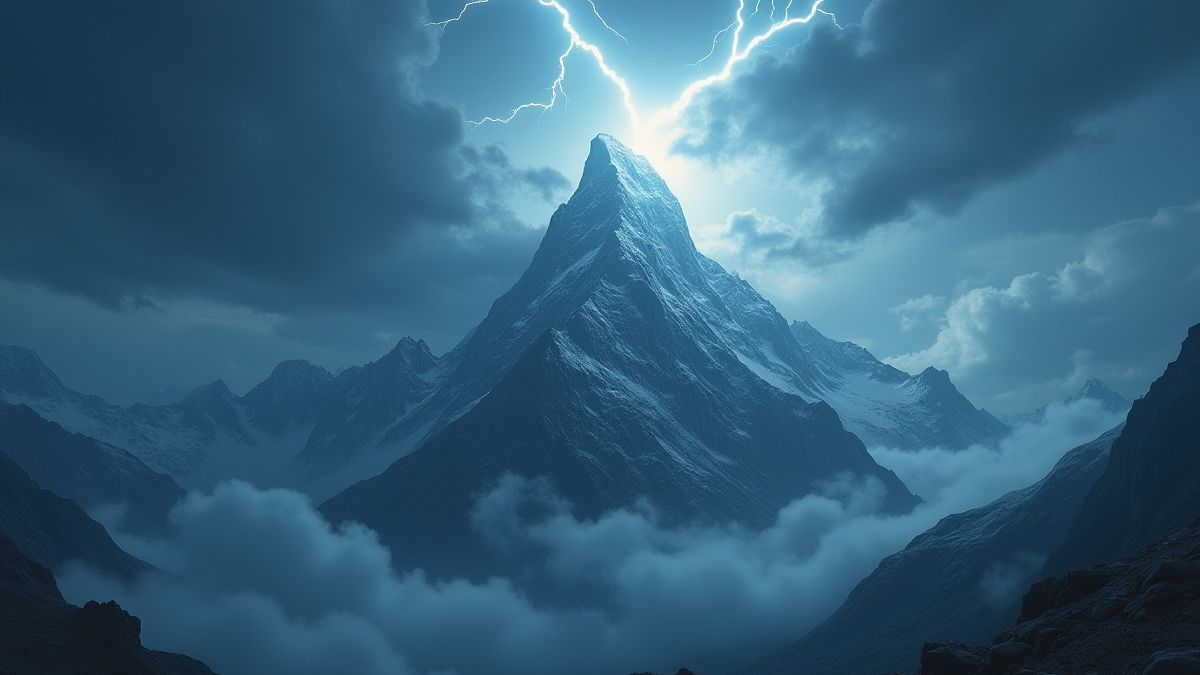 Monte Olimpo com raios e nuvens dramáticas