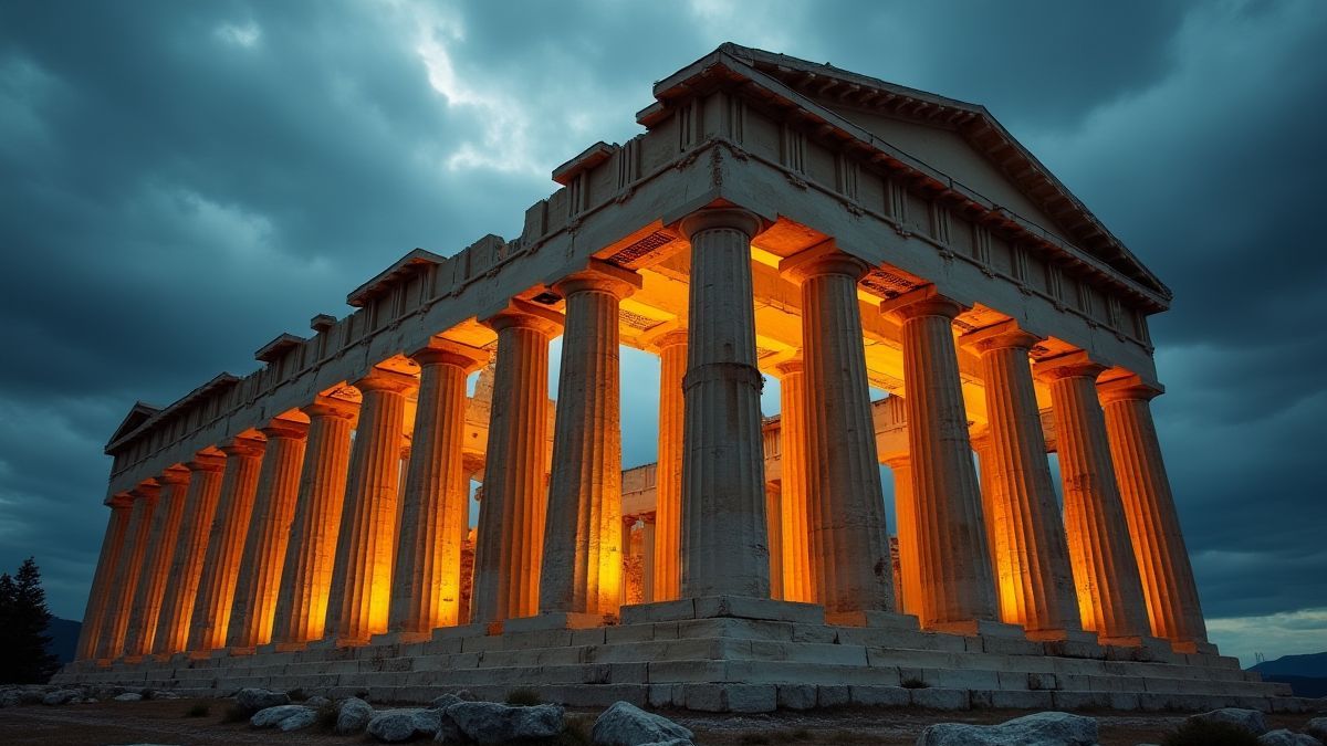 Templo grego com colunas douradas e céu tempestuoso