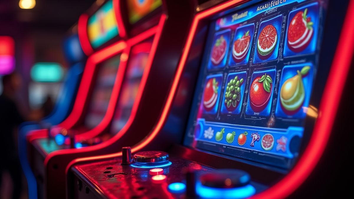 Retro-Spielautomat mit klassischen Fruchtsymbolen, beleuchtet von Neonlichtern.