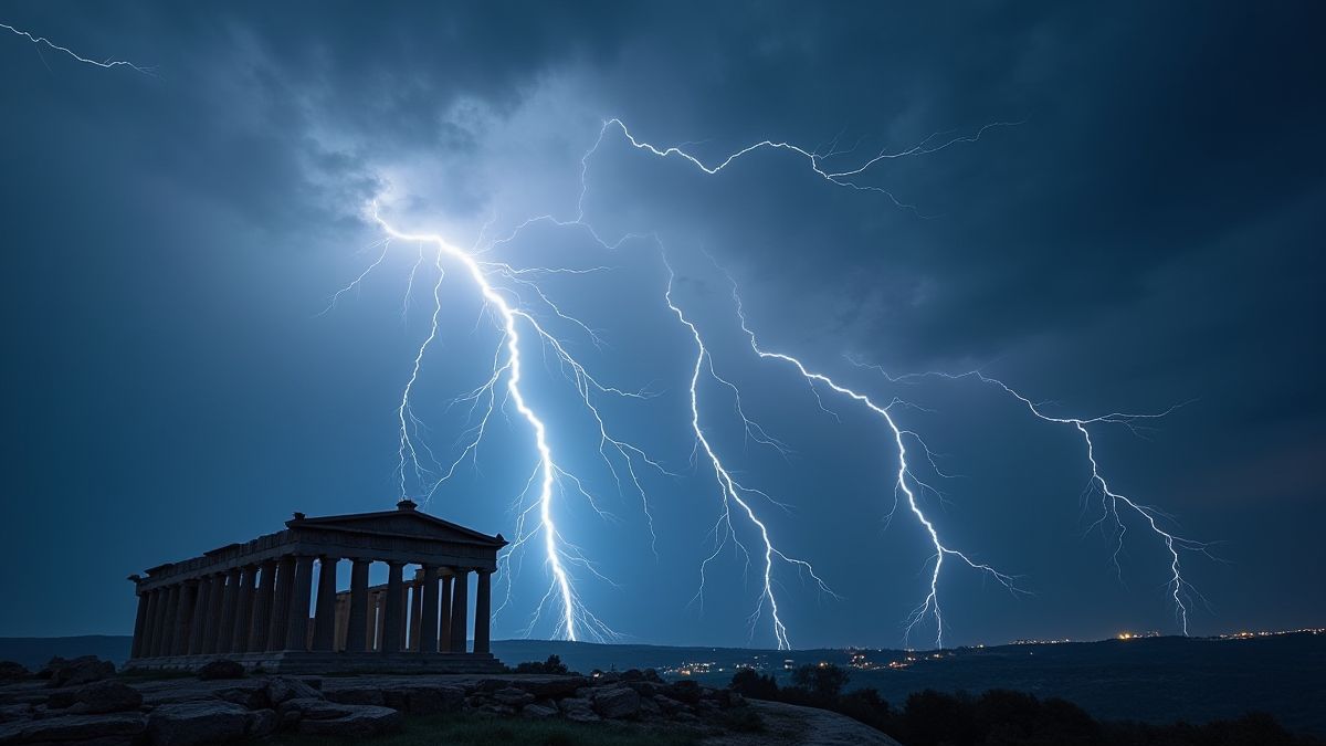 Stormachtige lucht met bliksemschichten en Griekse ruïnes.