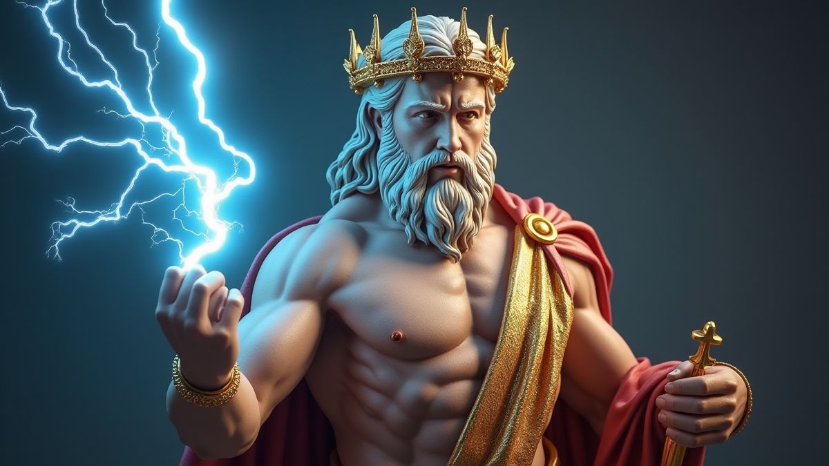 Zeus met een bliksemschicht en een lauwerkrans.