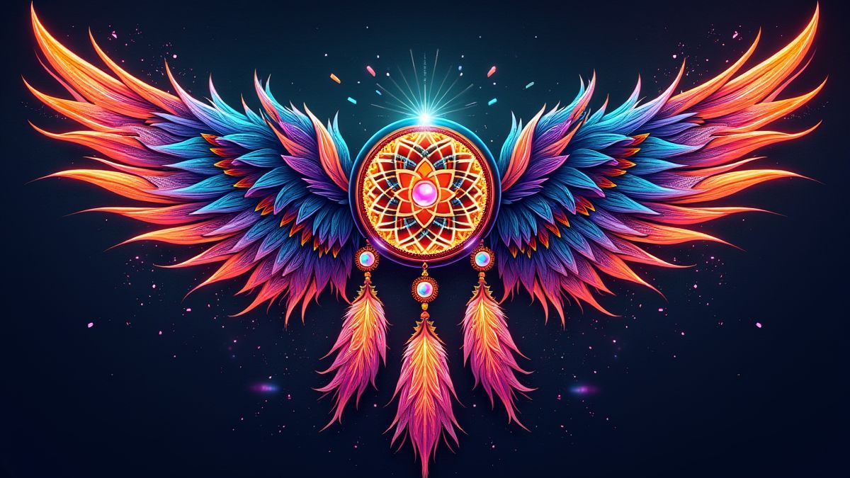 Diseño tribal con plumas, atrapasueños y gemas brillantes.