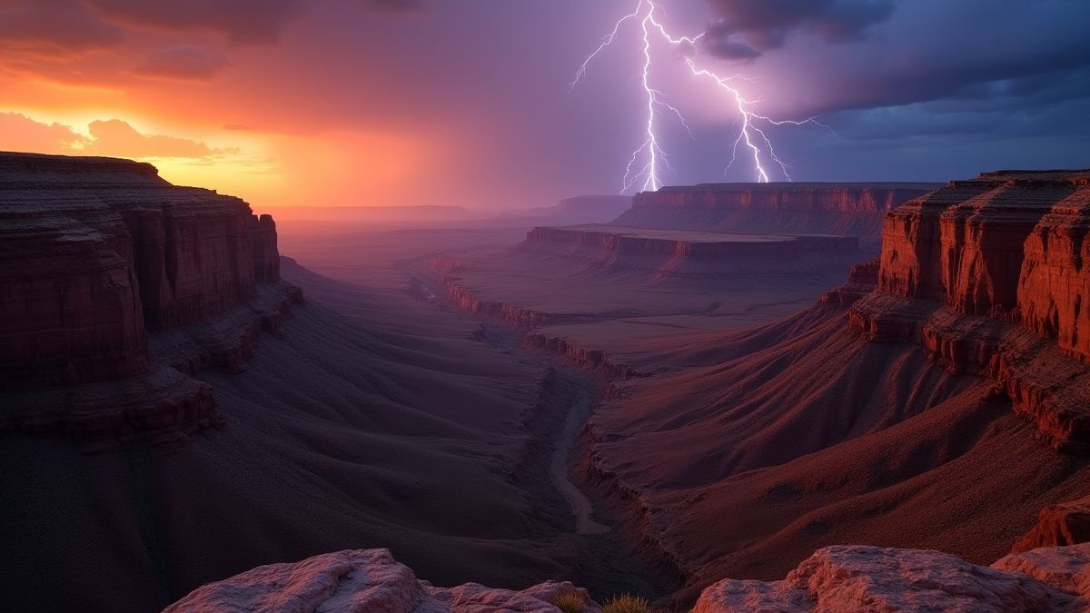 Paisaje de un cañón al atardecer con rayos brillantes en el cielo.