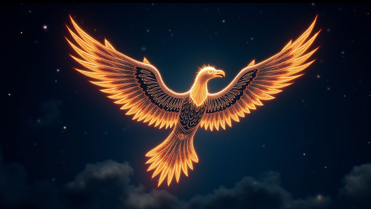 Thunderbird místico iluminado en el cielo nocturno rodeado de estrellas y patrones tribales.