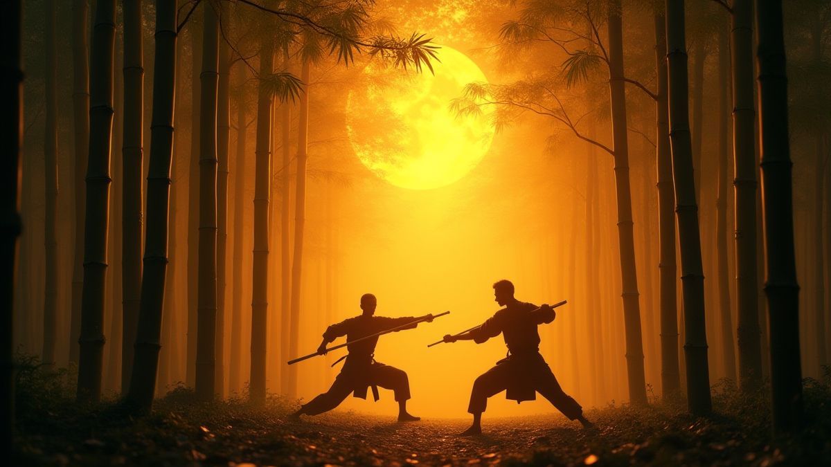 Bamboo forest with warriors training under a golden sunset.