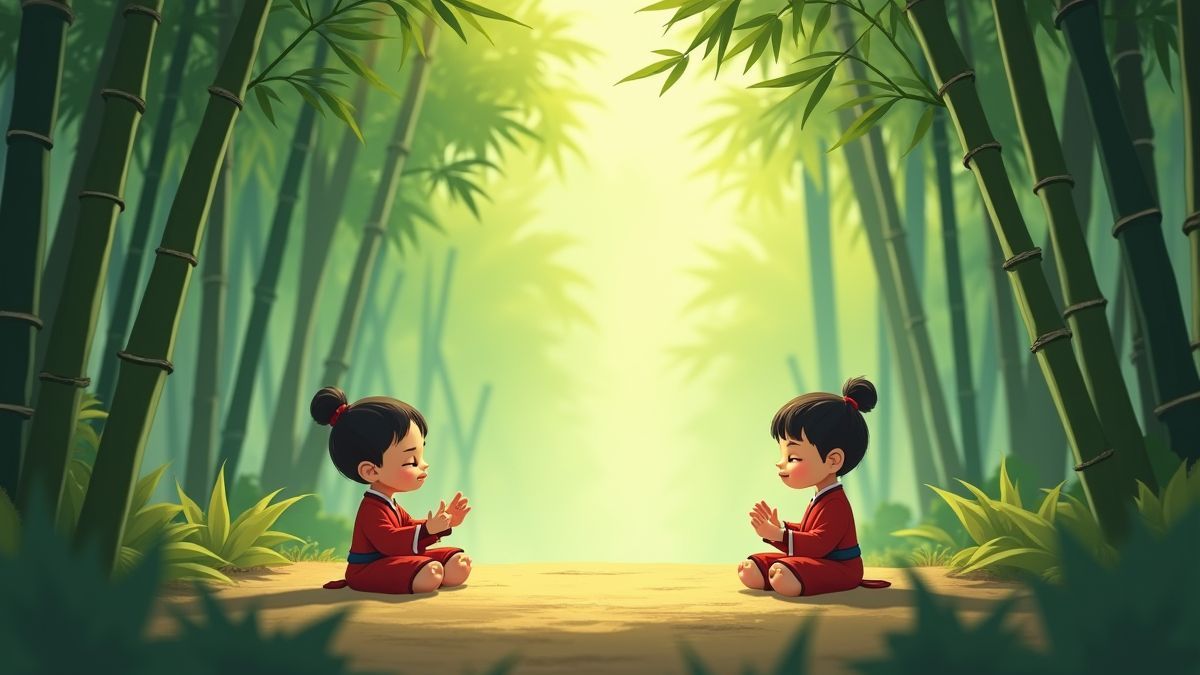 Warriors meditating and practicing kung-fu in a tranquil forest.