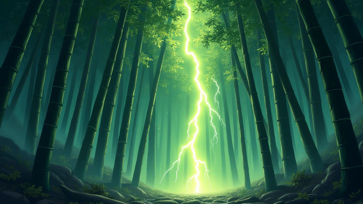 Bamboo forest illuminated by lightning symbolizing the power of Thunderfist.