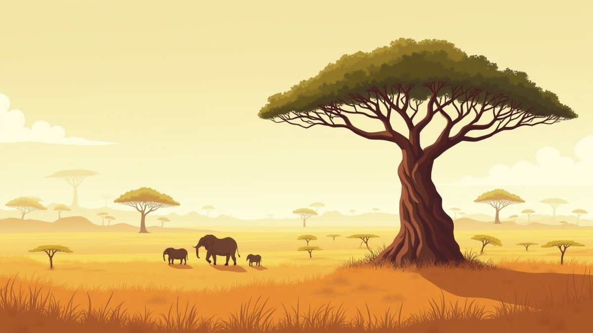 Sabana africana con árboles y animales