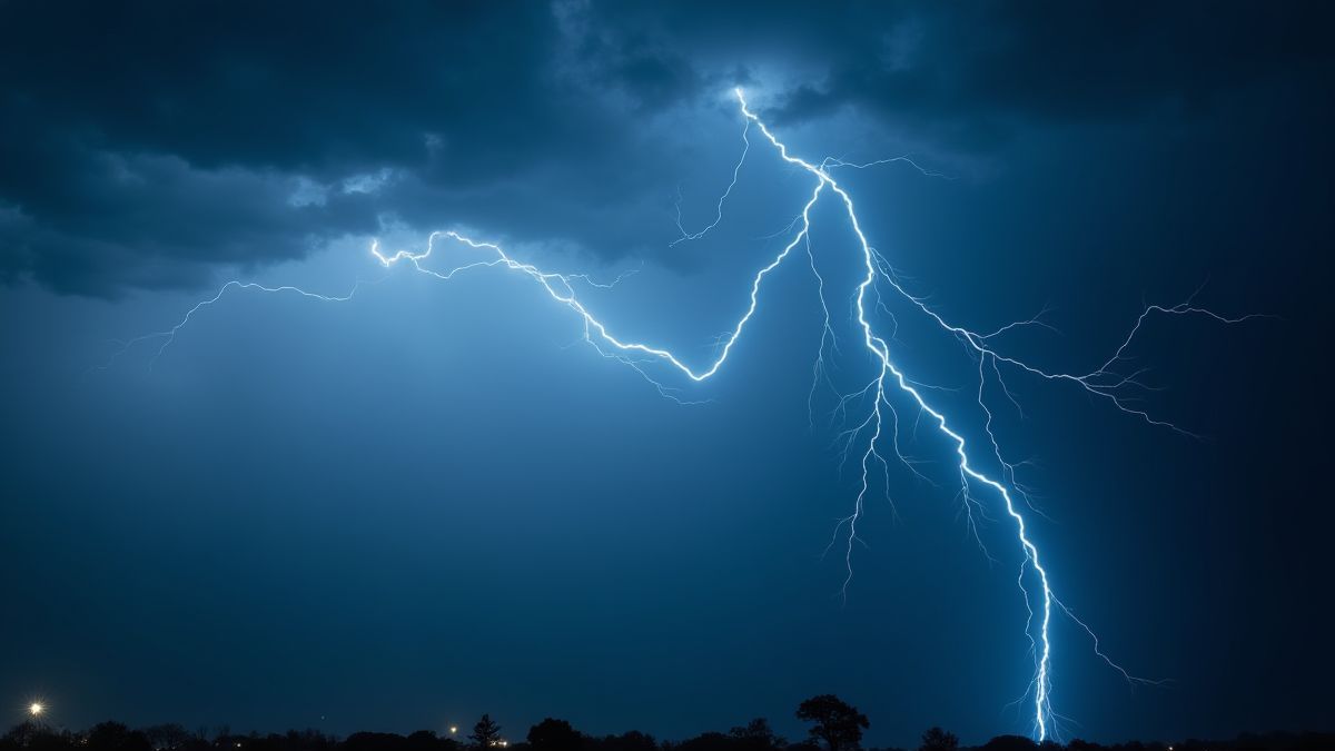 Dark sky with lightning illuminating the horizon.