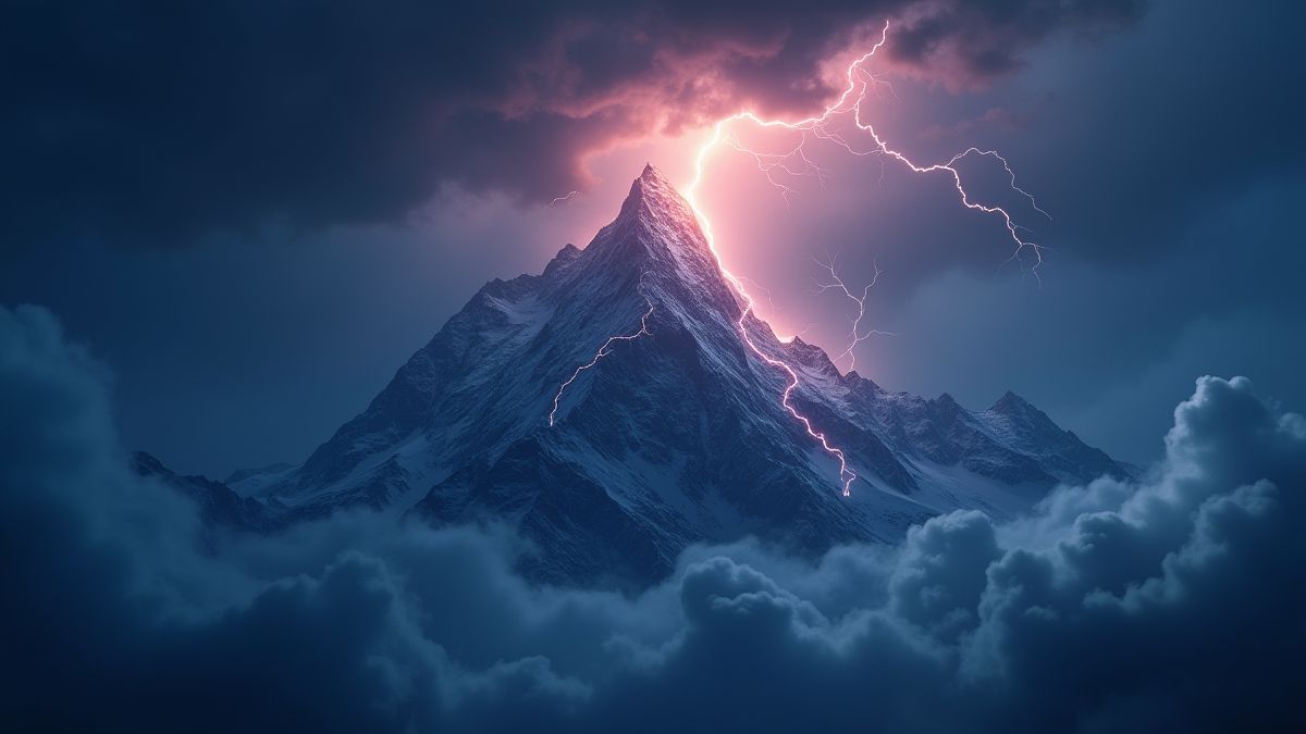 Mystical mountain surrounded by dark clouds and lightning.