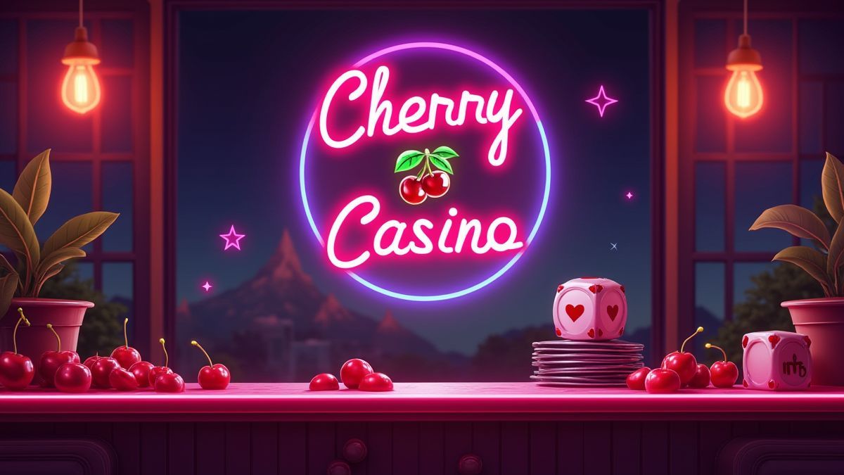 Un casino retro con luces de neón y símbolos clásicos como cerezas y barras.