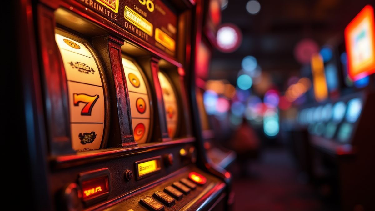 Una máquina tragaperras vintage con carretes brillantes y un ambiente de casino clásico.