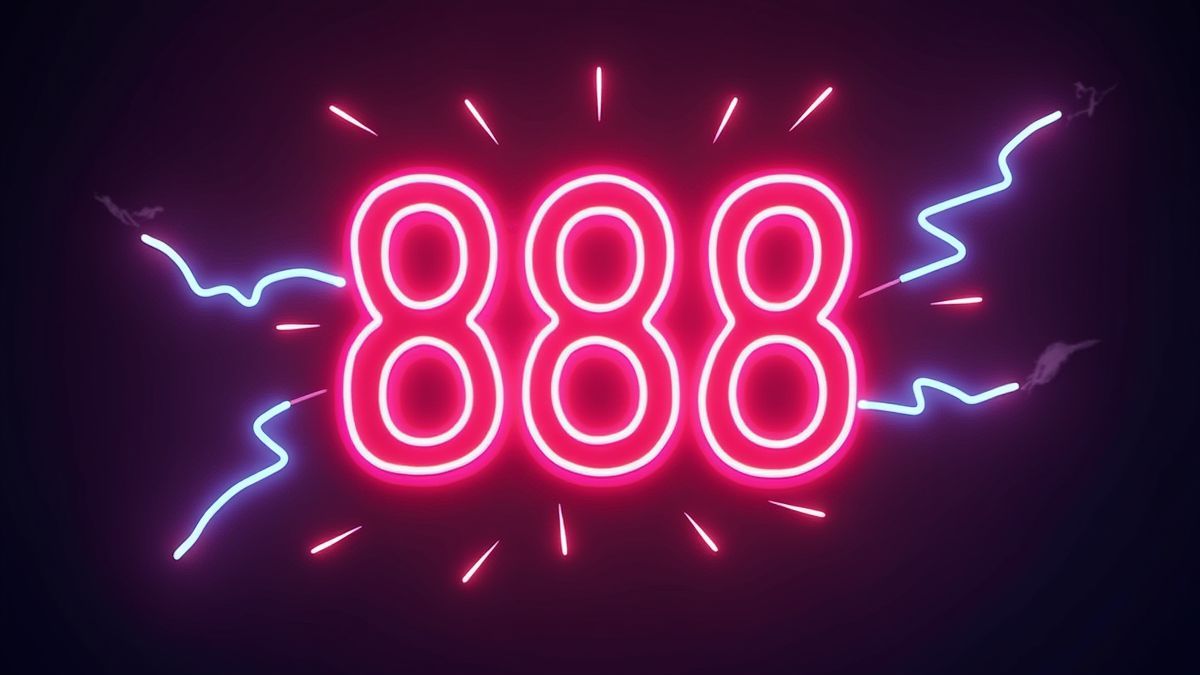 Un cartel de neón brillante con el número 888 rodeado de rayos.
