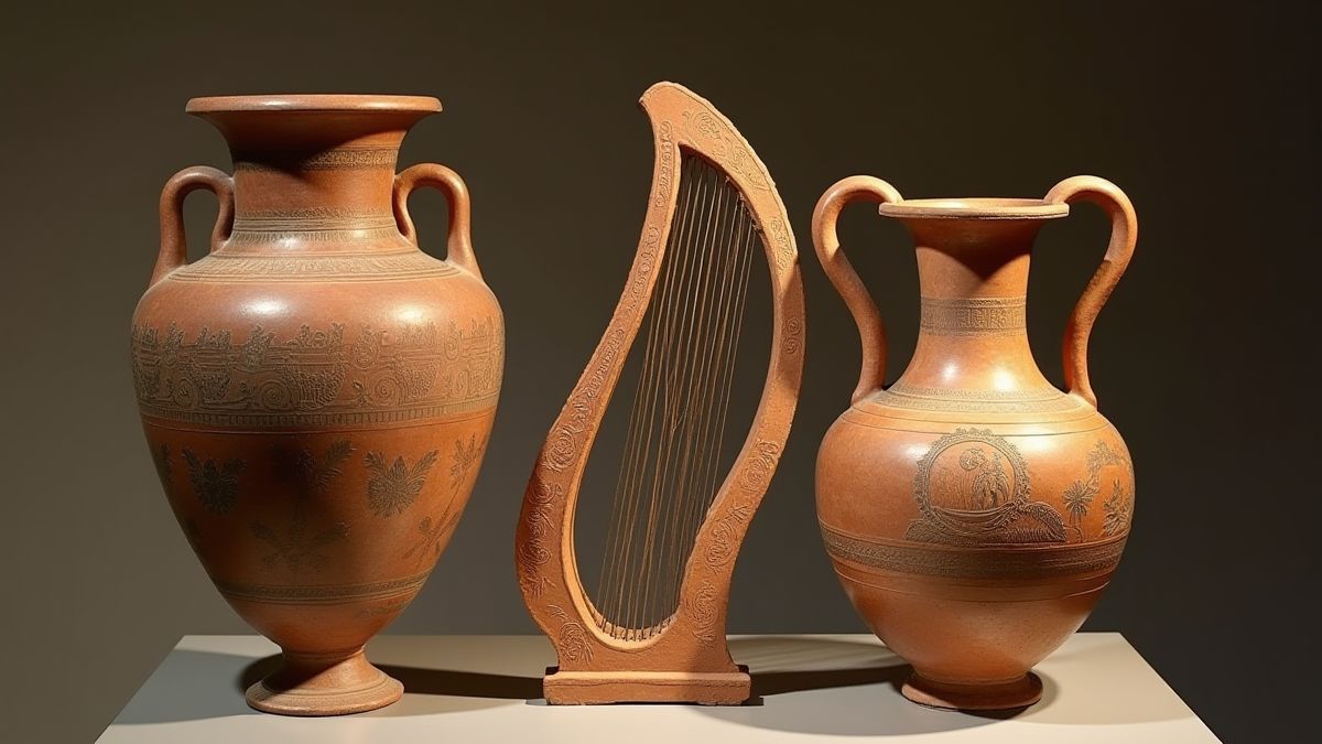 Artefatos gregos antigos como vasijas e arpas