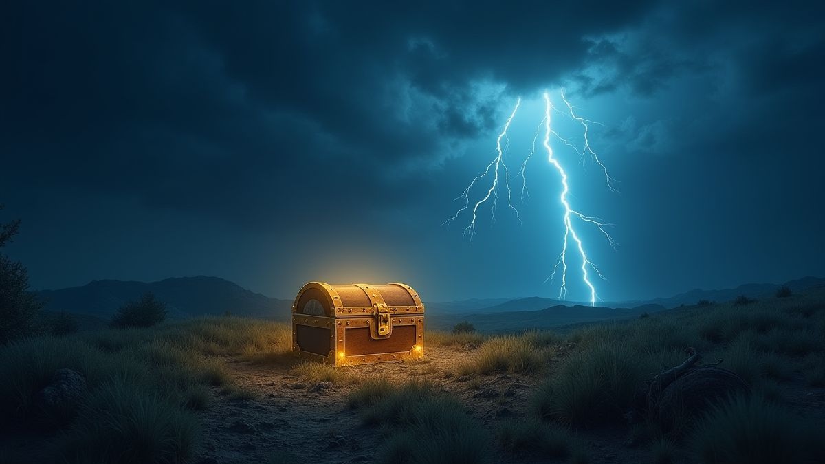 Paisaje tormentoso con rayos y un cofre del tesoro brillante en el centro.