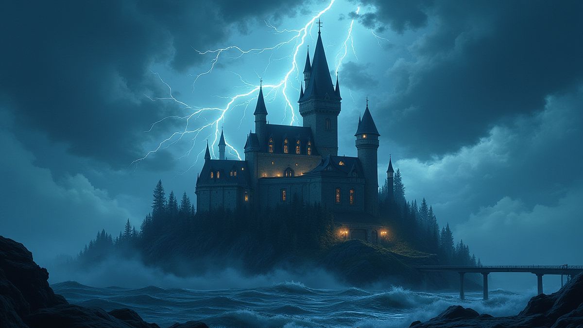 Nordisches Schloss umgeben von Blitzen und dunklen Wolken
