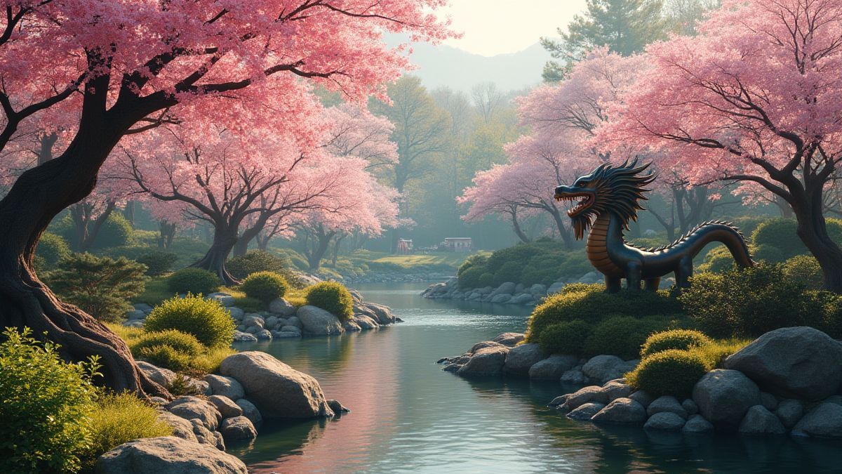 Asiatischer Garten mit Kirschblüten und einer Drachenstatue.