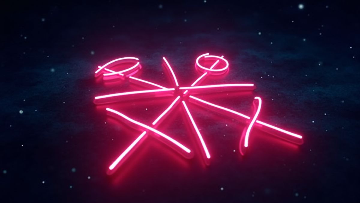 Tablero de tres en raya con luces de neón sobre un cielo estrellado.