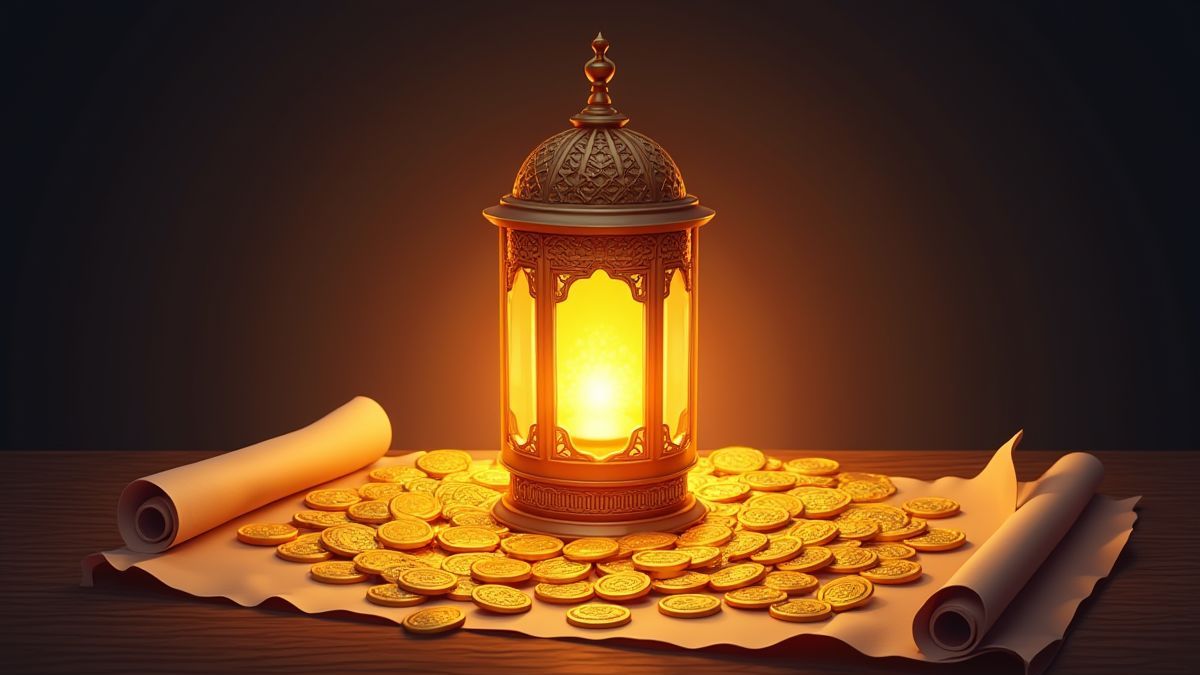 Farolillo resplandeciente rodeado de monedas doradas y pergaminos.
