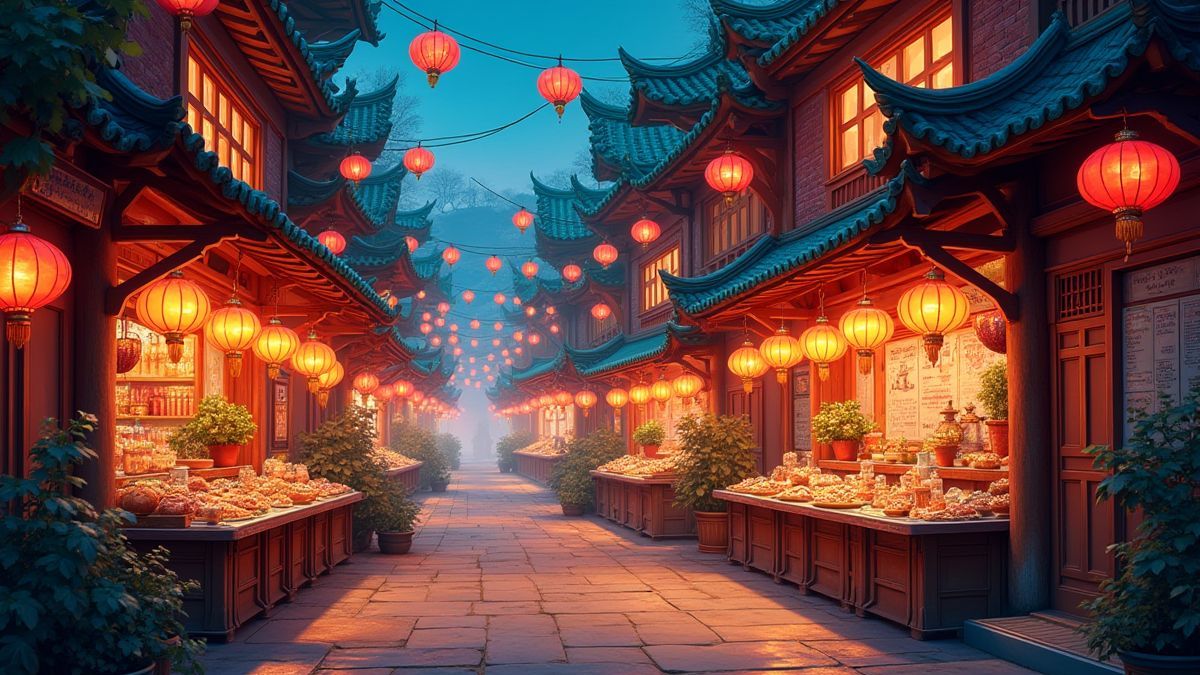 Mercado oriental vibrante con farolillos brillantes y puestos coloridos.