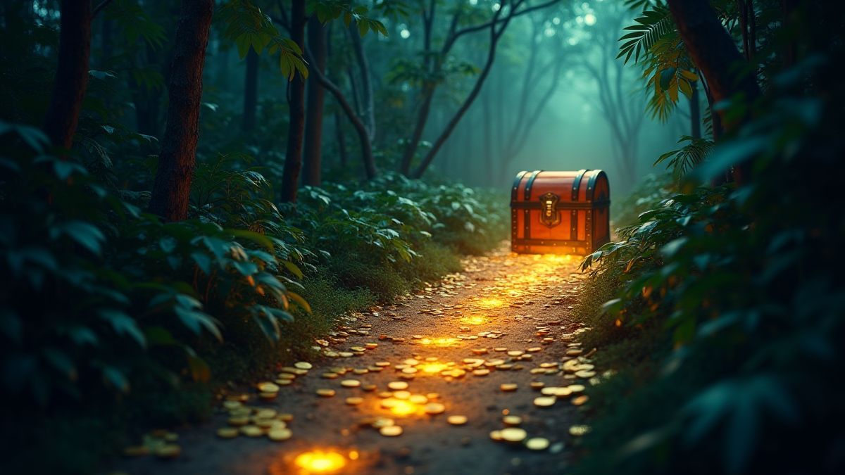 Een verlicht pad in de jungle dat leidt naar een schatkist omringd door gouden munten.