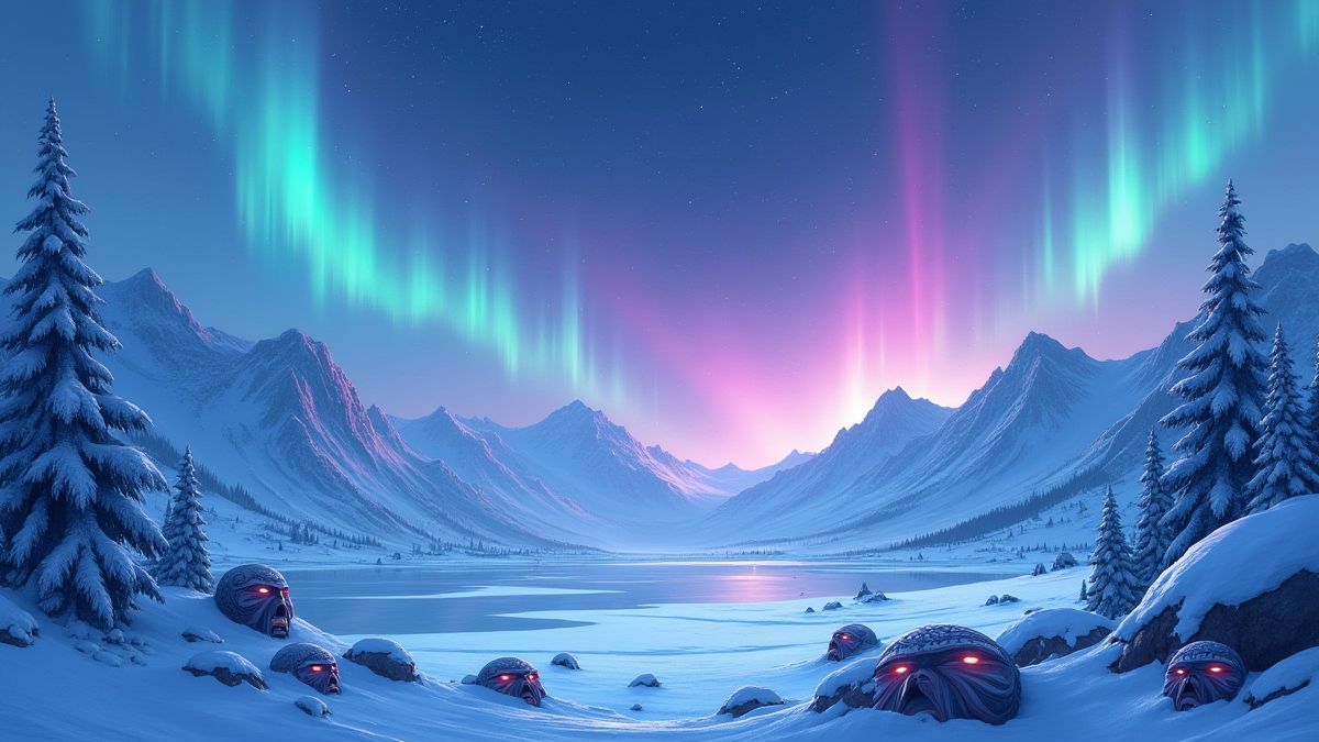 Besneeuwde bergen met schitterende noorderlichten en tribale maskers.