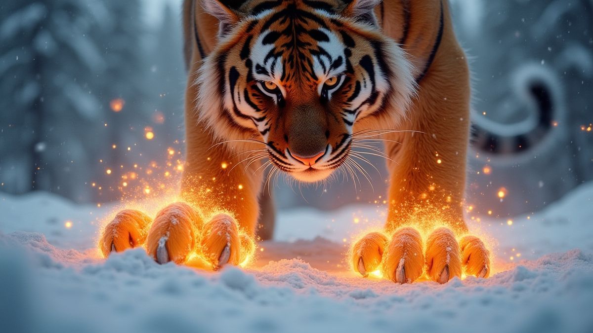 Glanzende tijgerklauwen omringd door mystieke energie in een besneeuwd landschap.