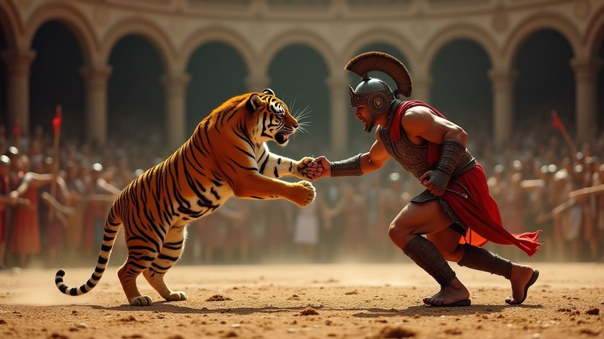 Ein furchterregender Tiger kämpft gegen einen Gladiator in einer römischen Arena.