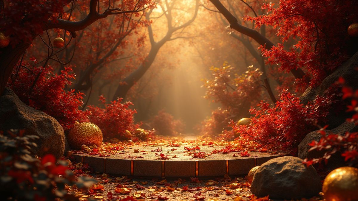Mystical Asian jungle with golden and red tones.