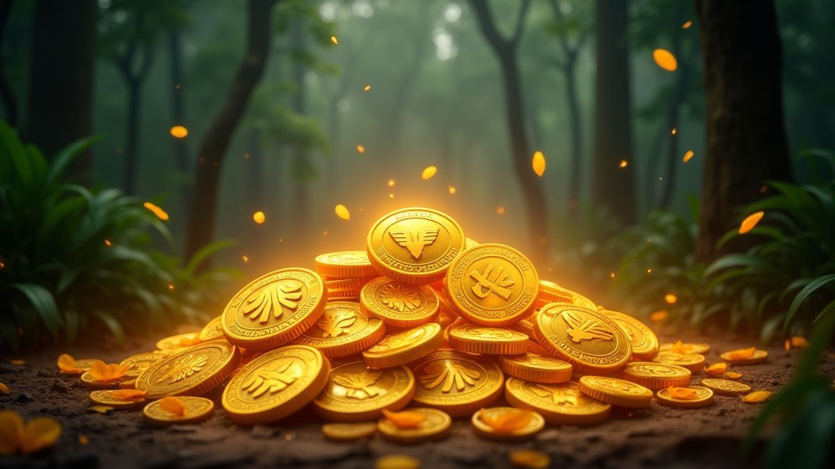 Golden coins glowing in a mystical jungle environment.