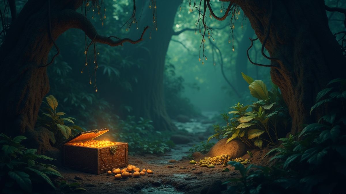 Een jungle scène met schitterende schatten en een mystieke sfeer.