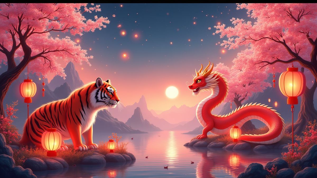 Oriental landscape with a tiger and dragon surrounded by glowing lanterns and cherry blossoms.
