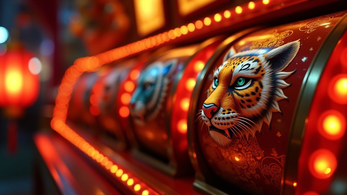 Casino reels with oriental symbols like dragons, tigers, and glowing lanterns.
