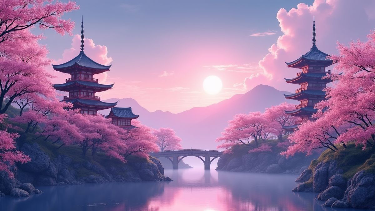 Friedliche orientalische Landschaft mit Kirschblüten und Pagoden unter einem Dämmerungshimmel.