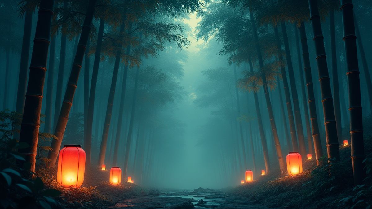 Uma paisagem asiática serena com florestas de bambu e lanternas brilhando suavemente.