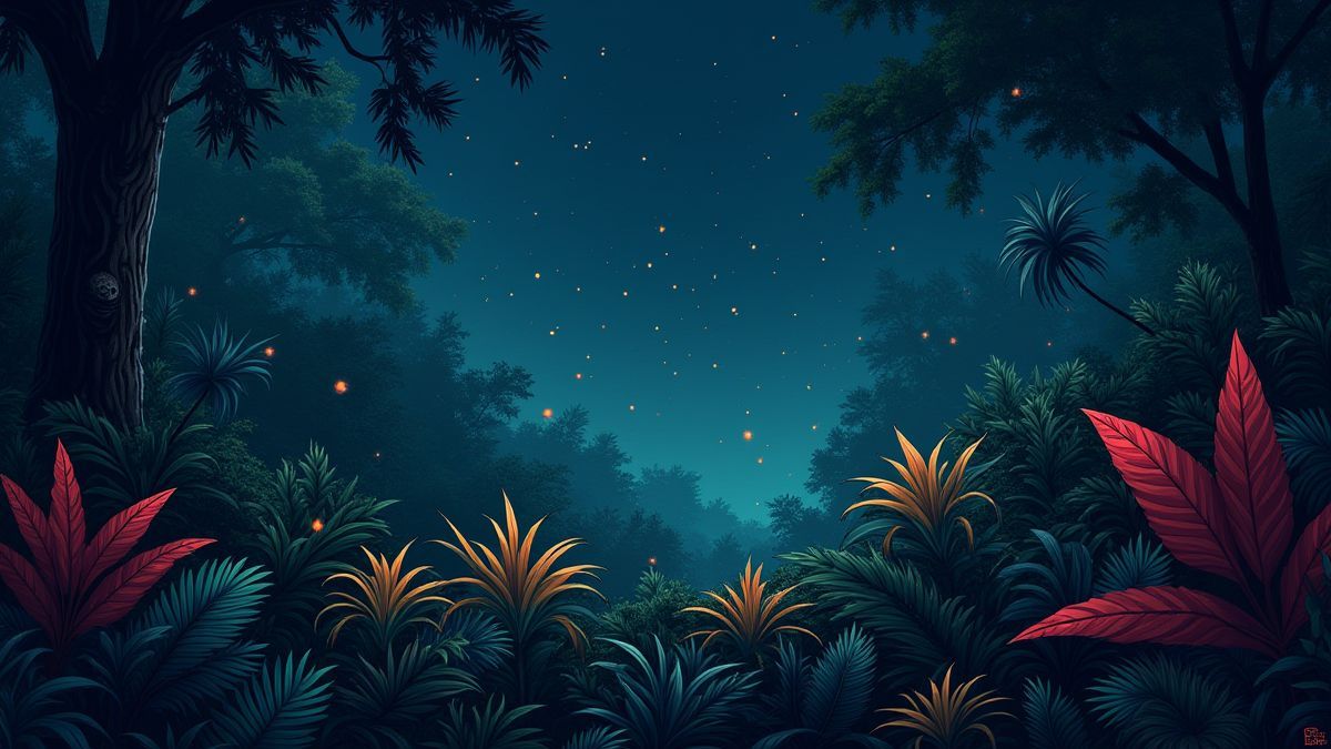A dense jungle with tropical plants and fireflies glowing in the darkness.