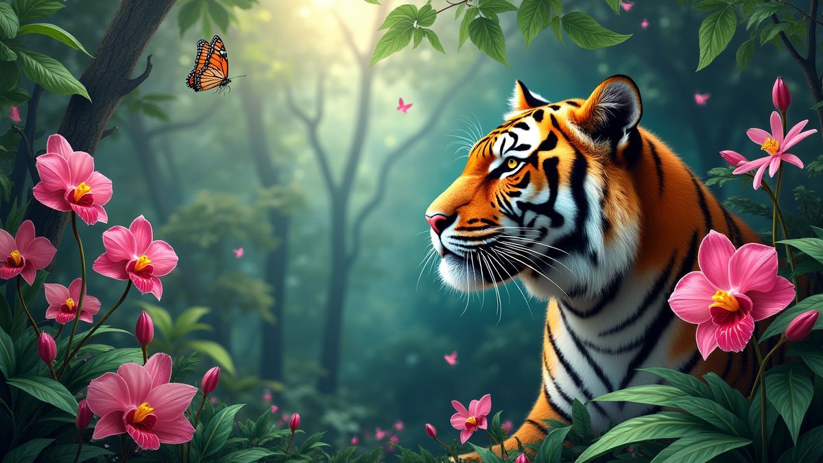 Asiatischer Dschungel mit Tigern, Schmetterlingen und lebhaften Orchideen.