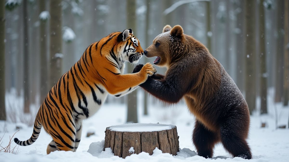 Tigre y oso en un duelo de fuerza en el bosque