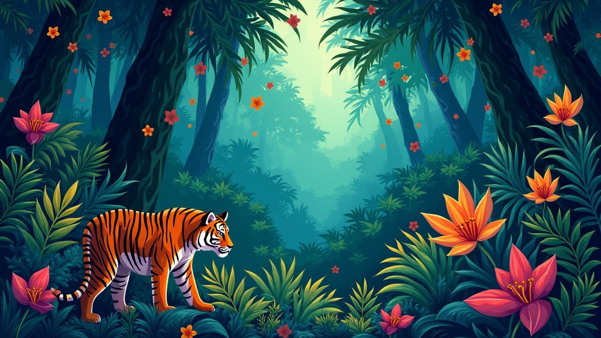 Una ilustración de una jungla densa con flora exótica y un tigre acechando entre las sombras.