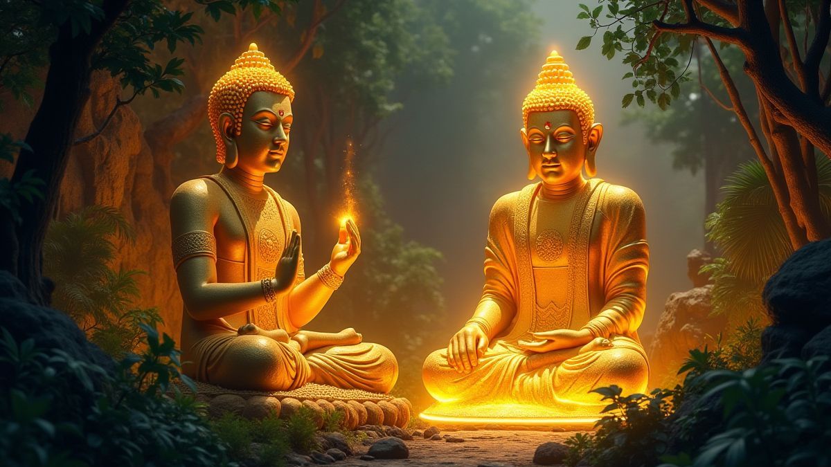 Estatuas doradas brillando con luz mística en un entorno selvático.