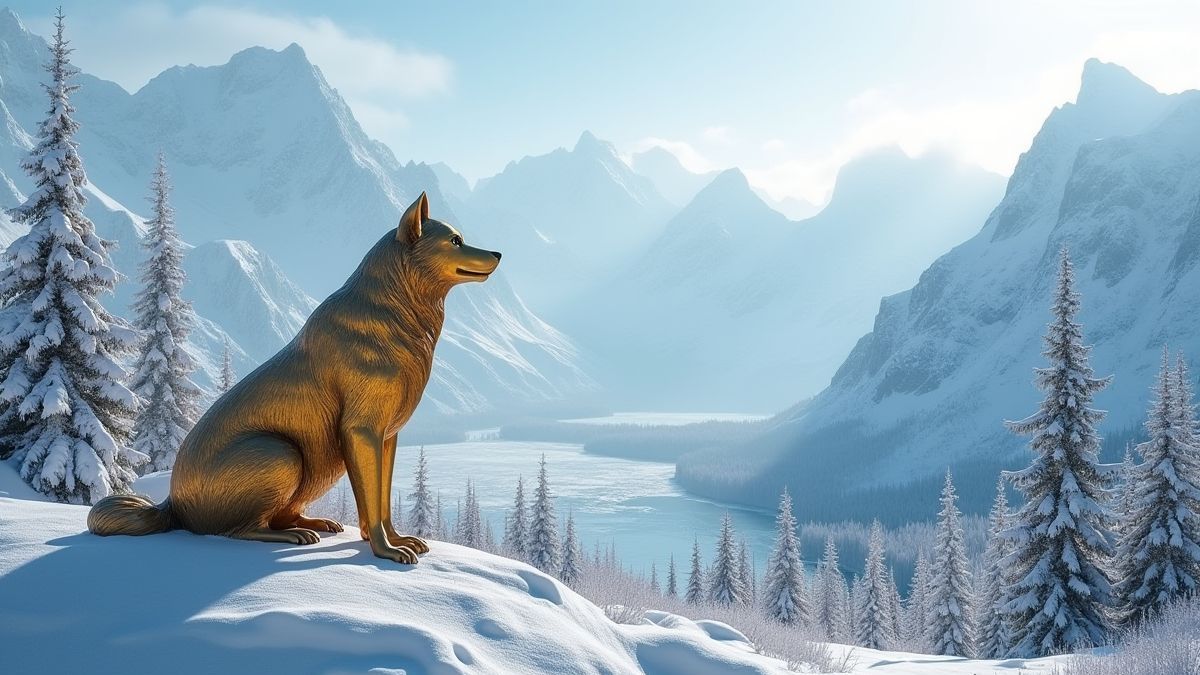 Landschaft von Alaska mit schneebedeckten Bergen und einer Statue eines goldenen Wolfes.