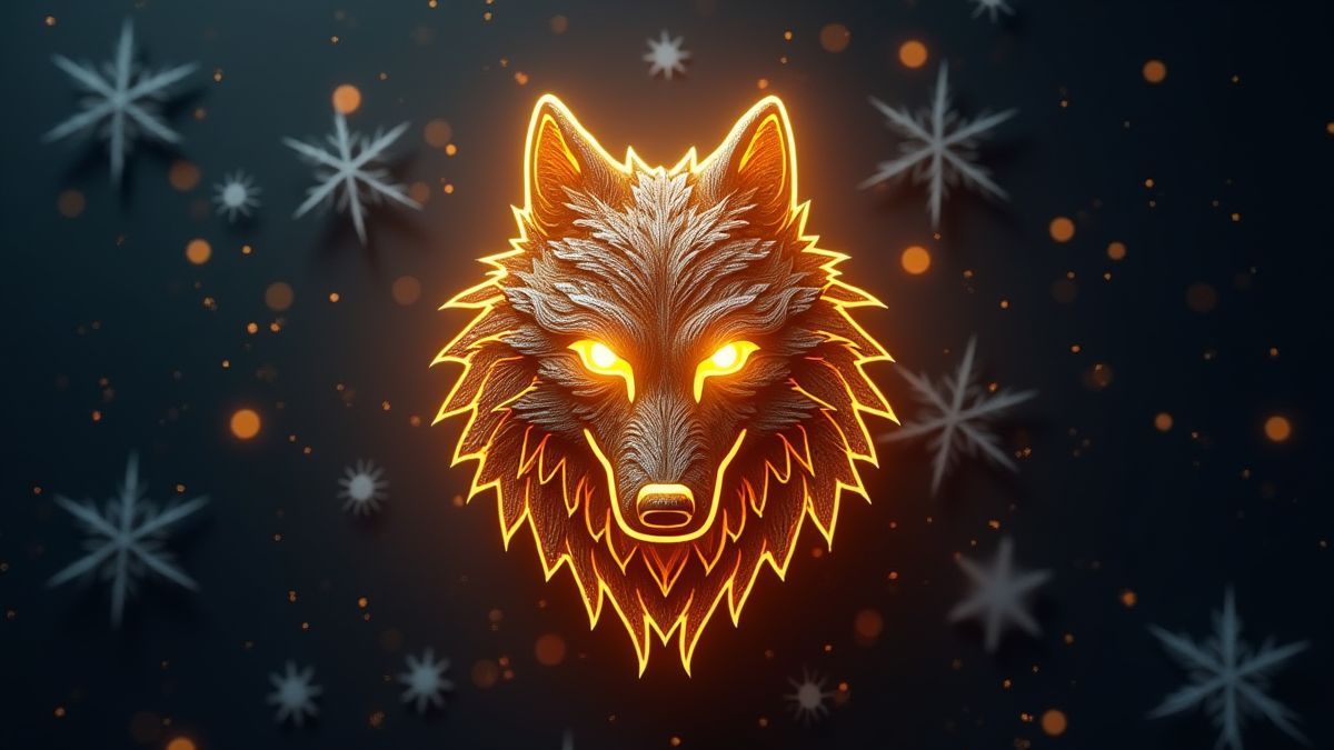 Ein Symbol eines goldenen Wolfskopfes umgeben von Schneeflocken.