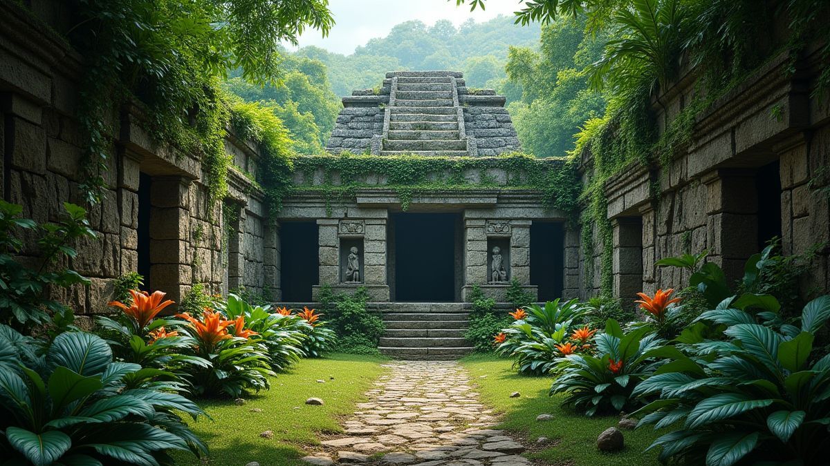Paisaje selvático con piedras talladas mayas y plantas vibrantes.