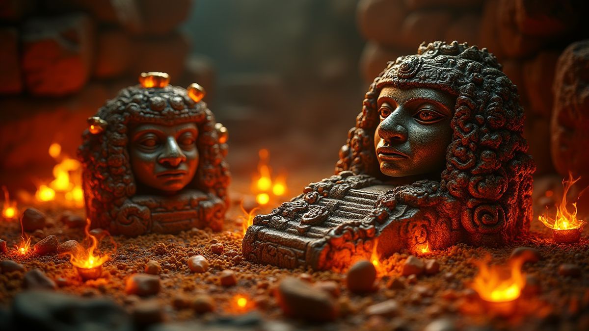 Artefactos mayas rodeados de tesoros resplandecientes.