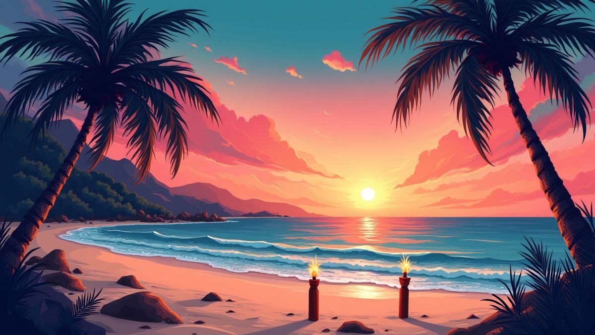 Playa tropical con antorchas tiki y un atardecer vibrante.