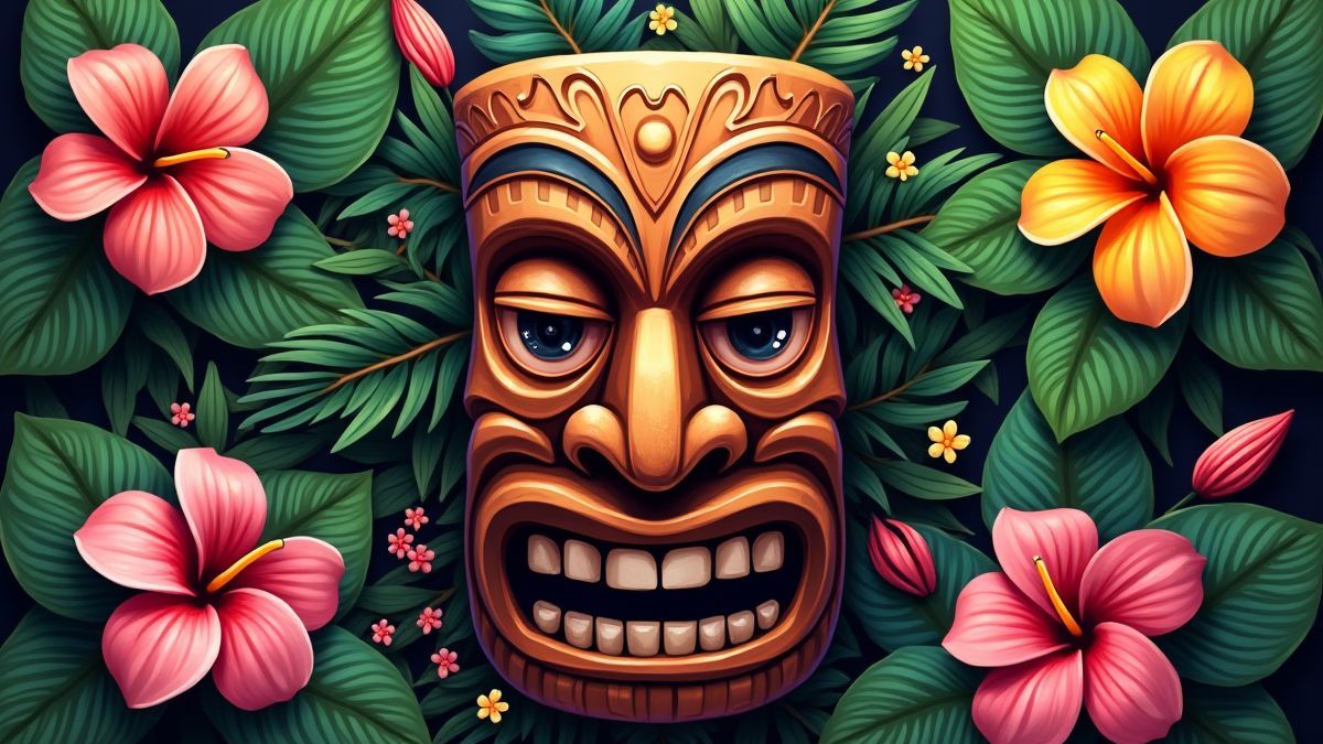 Máscara tiki rodeada de flores tropicales.