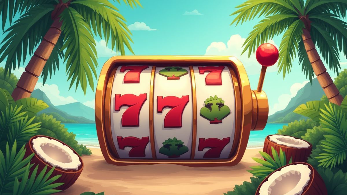 Carrete de slot girando con elementos tropicales a su alrededor.